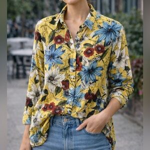 POL Oversized Floral Button Down Sheer Cotton Blouse in Yellow & Blue Size Large